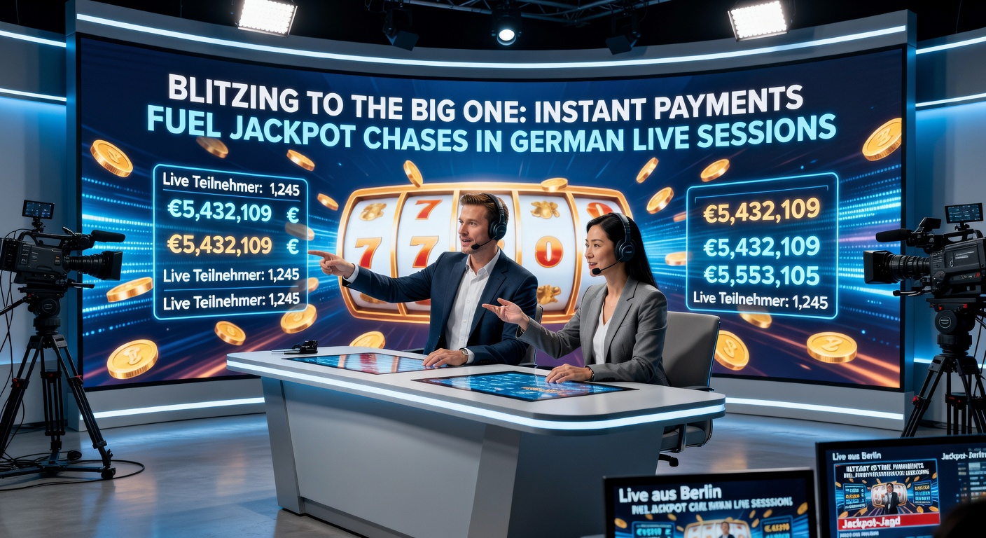 Dynamisches Bild eines Live-Dealers an einem Roulette-Tisch mit steigendem Jackpot-Zähler und Symbolen für Sofortüberweisungen im Hintergrund