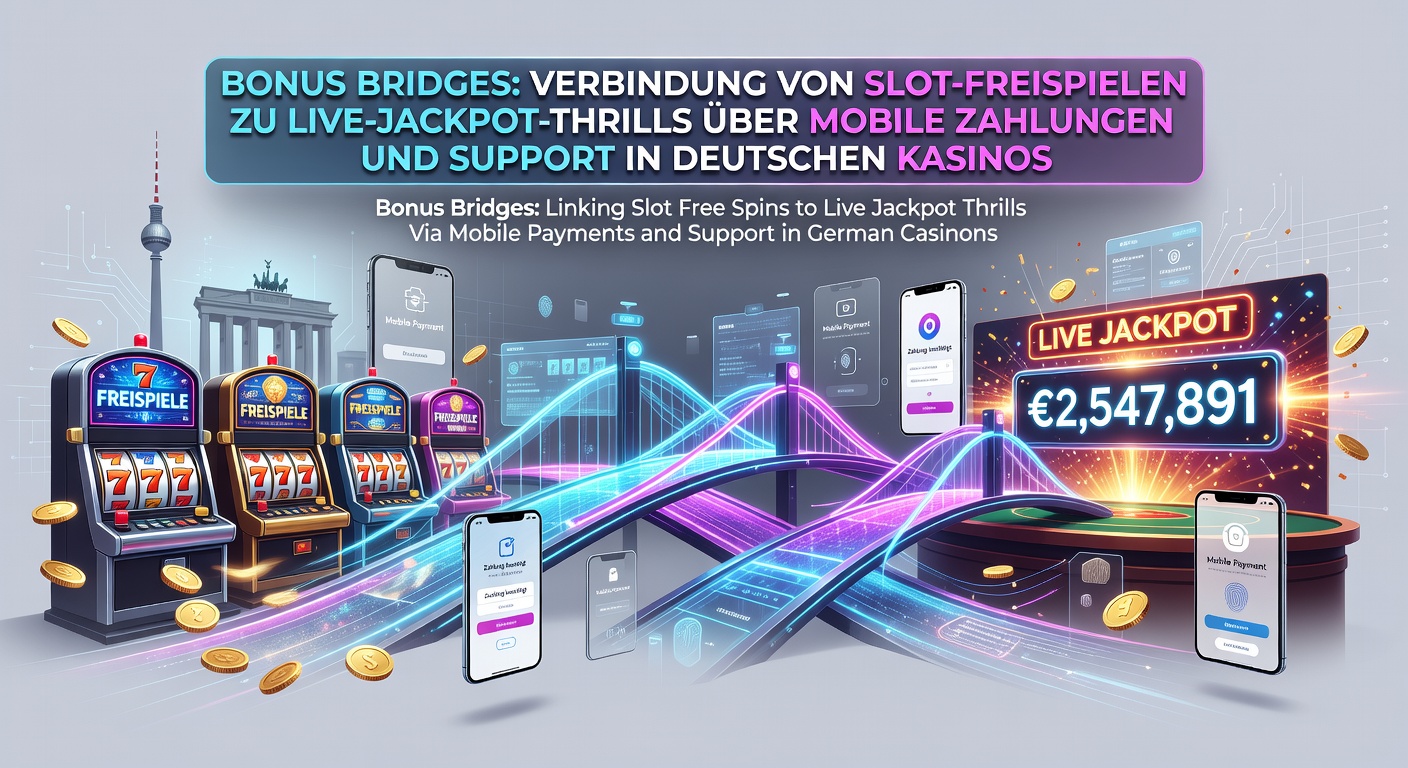 Bunte Slot-Maschine mit Free-Spins-Symbolen, die zu einem pulsierenden Live-Jackpot-Tisch überleiten, umrahmt von Mobile-Payment-Icons und Support-Chatfenstern