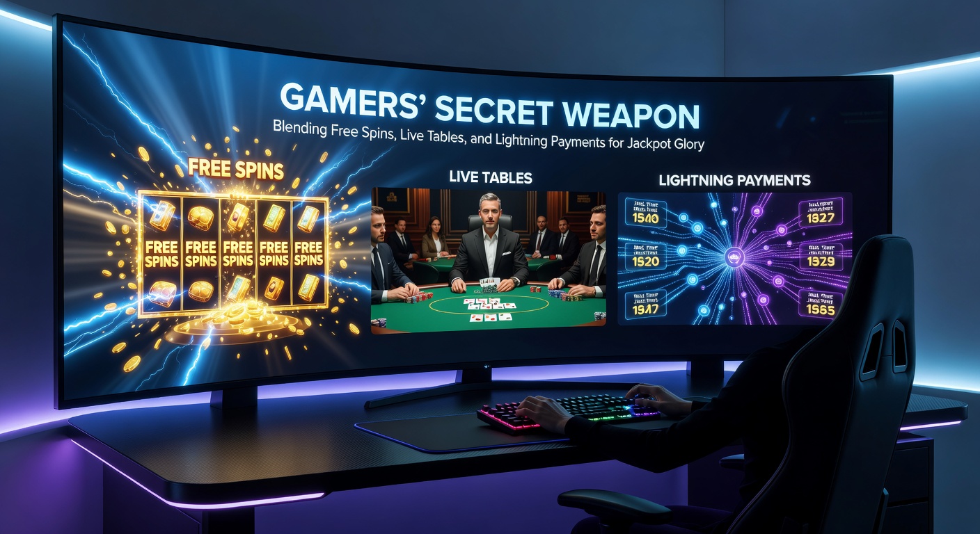 Dynamische Grafik mit Free-Spins-Symbolen, Live-Dealer und Blitz-Auszahlungs-Icons vor einem Jackpot-Hintergrund