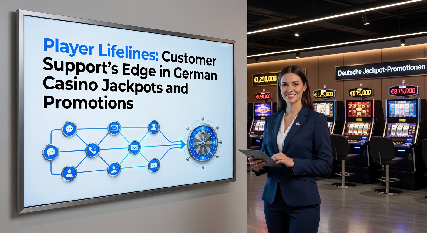 Kundensupport-Team hilft Spielern bei einem Jackpot-Gewinn in einem deutschen Online-Casino, mit Chat-Fenster und Promotion-Bannern im Hintergrund