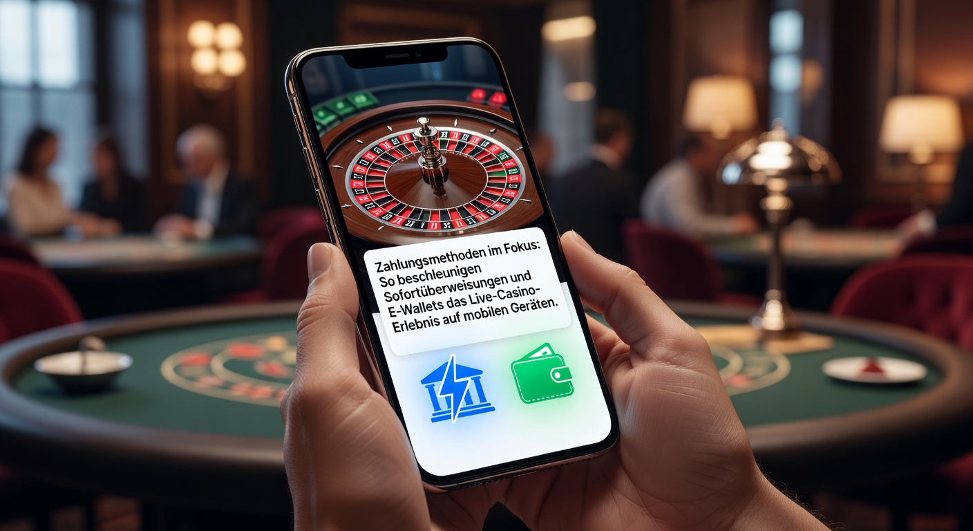 Smartphone mit Live-Casino-App und Zahlungsikonen für Sofortüberweisung und E-Wallets im Vordergrund, das die nahtlose Integration von schnellen Zahlungen in mobiles Gaming zeigt
