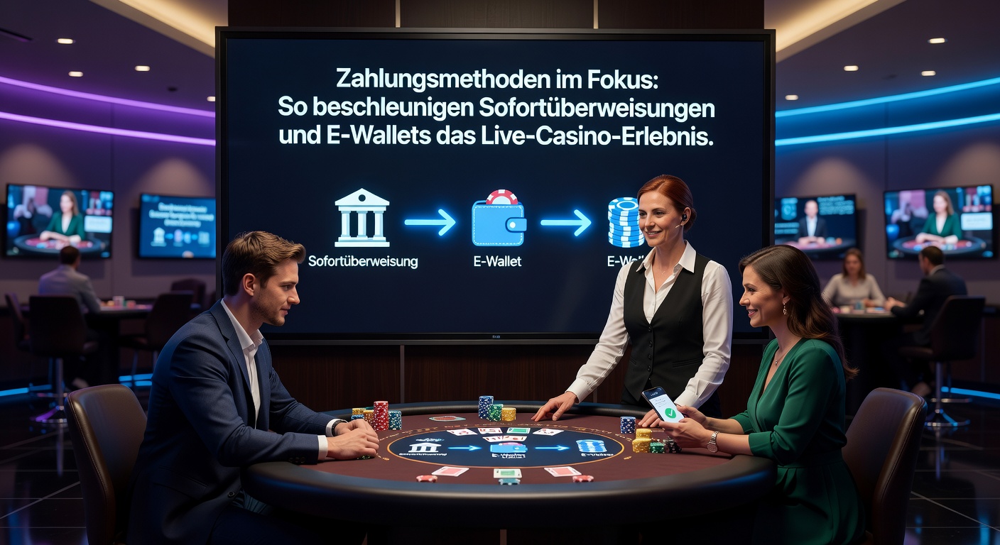 Vergleichsgrafik von Zahlungszeiten: Sofortüberweisung und E-Wallets vs. traditionelle Methoden auf einem Mobilbildschirm mit Live-Casino-Hintergrund